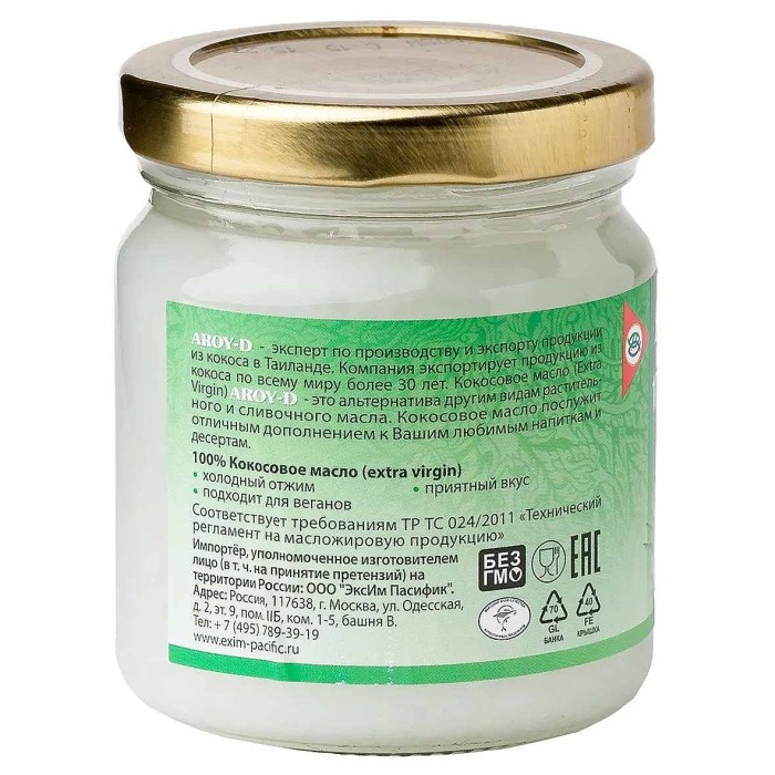 Масло кокосовое Aroy-D 180мл ст/б