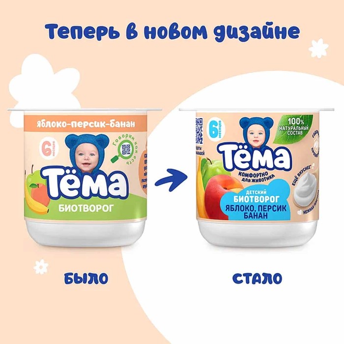 Биотворог Тема Яблоко-персик-банан 4% 95гр пэт