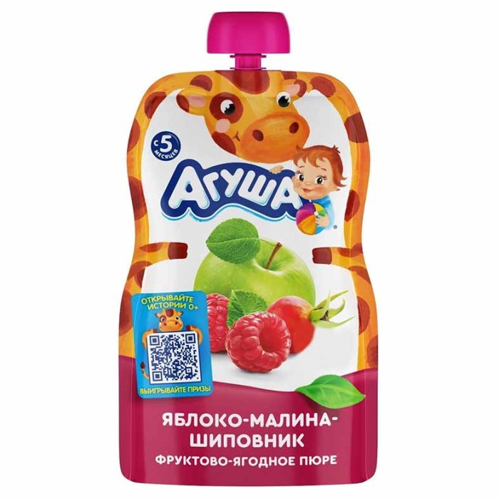 Пюре Агуша яблоко-малина-шиповник с 6мес 90гр пауч