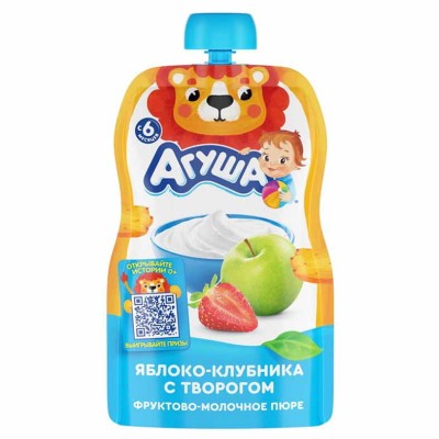 Пюре Агуша яблоко-клубника-творог с 6мес 90гр пауч