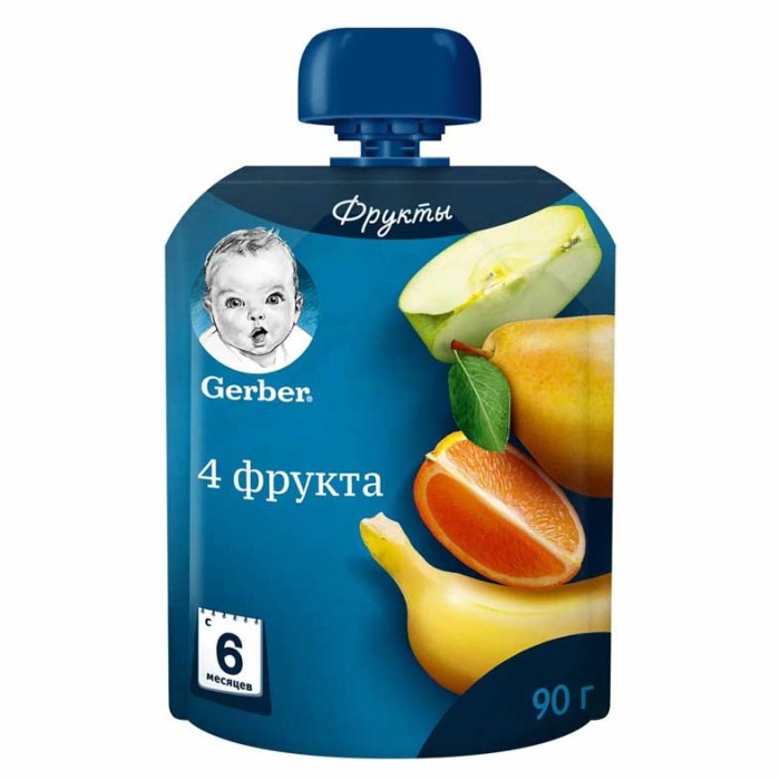 Пюре Gerber 4 фрукта с 6мес 90гр пауч