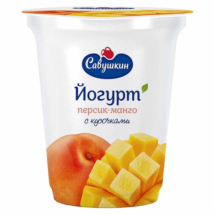 Йогурт Савушкин персик-манго кусочками 2% 350гр ст