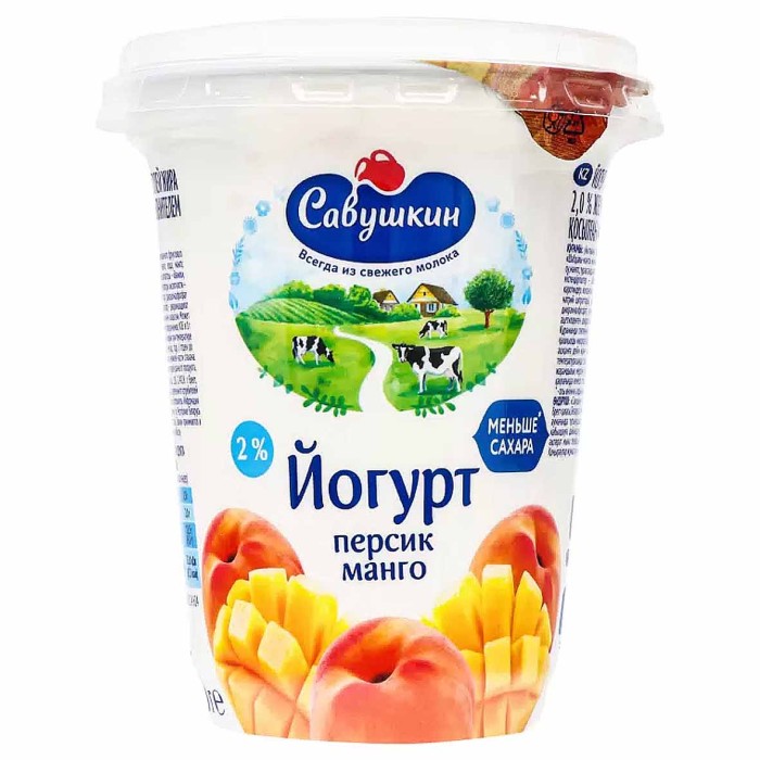 Йогурт Савушкин персик-манго кусочками 2% 350гр ст