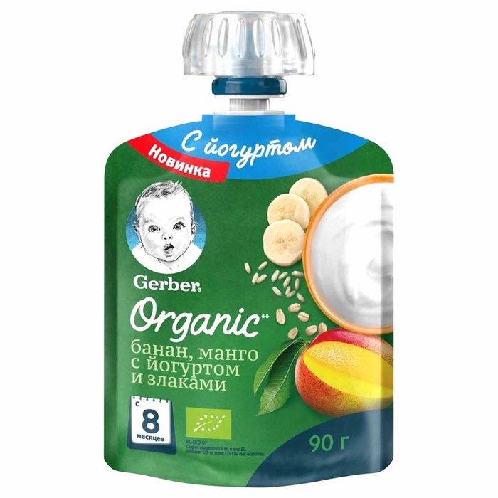 Пюре Gerber Organic йогурт-банан-манго-злаки 80гр пауч