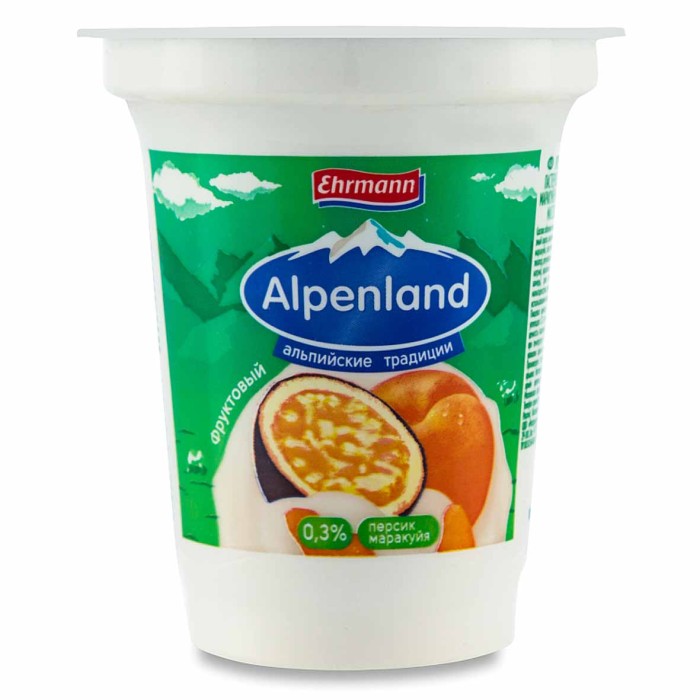 Йогурт Alpenland Персик-Маракуйя 0,3% 320гр пэт
