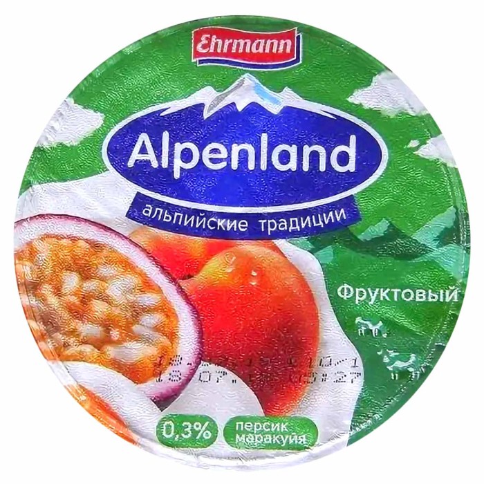 Йогурт Alpenland Персик-Маракуйя 0,3% 320гр пэт