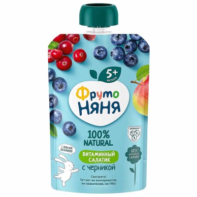 Пюре ФрутоНяня Витаминный салатик с черникой 90гр пауч
