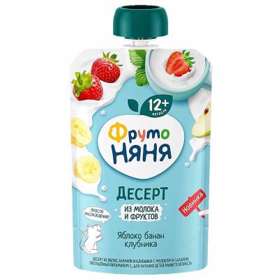 Десерт ФрутоНяня из яблок-бананов-клубники с молоком и сахаром 90гр пауч