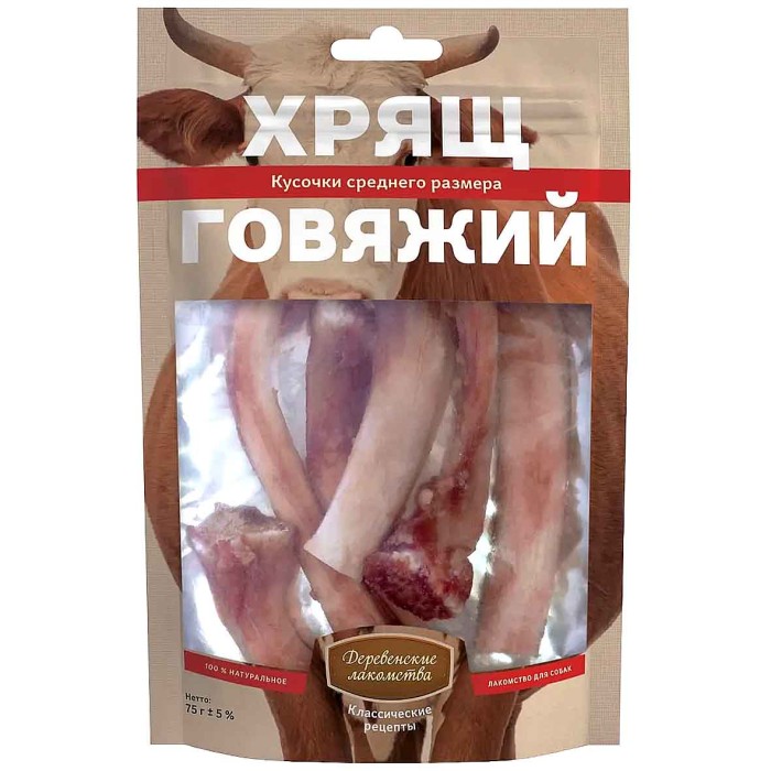 Лакомство для собак Деревенские лакомства хрящ говяжий 75гр д/п