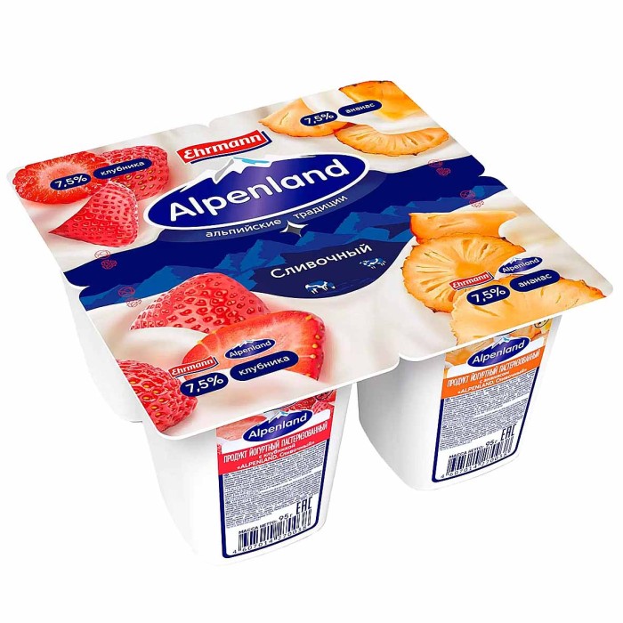Йогурт Альпенланд клубника-ананас 7,5% 95гр пэт