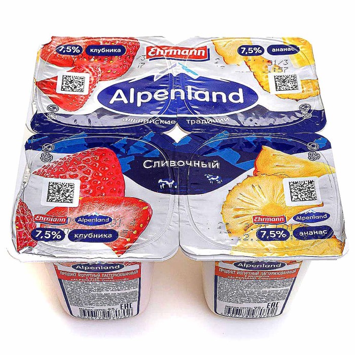 Йогурт Альпенланд клубника-ананас 7,5% 95гр пэт