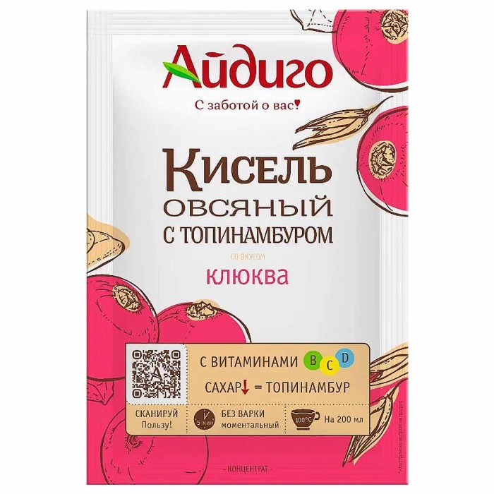Кисель Айдиго овсяный с топинамбуром клюква 30гр м/у