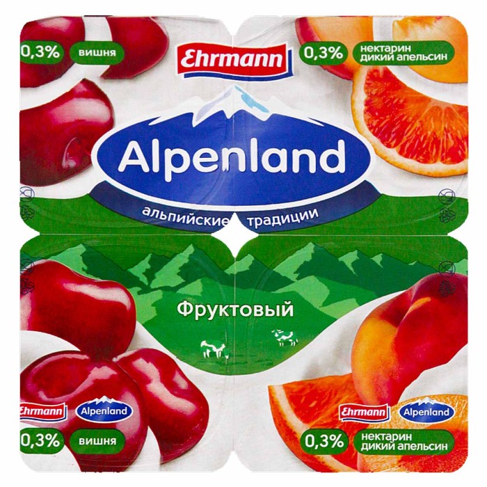 Йогурт Альпенланд вишня-нектарин-дикий апельсин 0,3% 95гр пэт