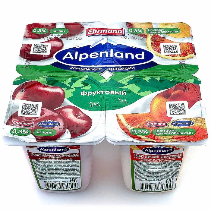 Йогурт Альпенланд вишня-нектарин-дикий апельсин 0,3% 95гр пэт