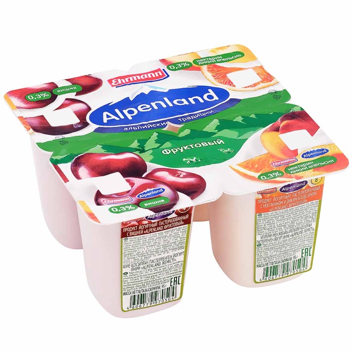 Йогурт Альпенланд вишня-нектарин-дикий апельсин 0,3% 95гр пэт