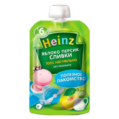 Пюре Heinz яблоко-персики-сливки с 6мес 90гр пауч