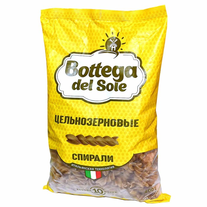 Макароны Bottega del Sole цельнозерновые спирали 400гр м/у