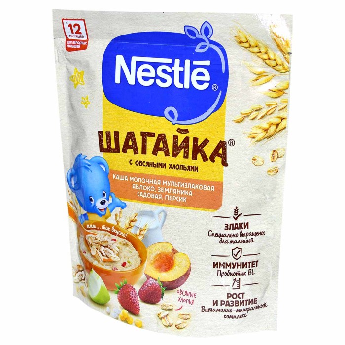 Каша Nestle Шагайка мультизлаковая яблоко,земляника,персик с 5мес 190гр д/п