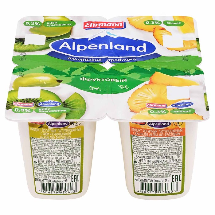 Йогурт Альпенланд киви-крыжовник-ананас 0,3% 95гр пэт