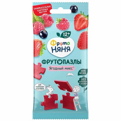 Кусочки фруктовые ФрутоНяня Пазлы яблоко-клубника-малина-черная смородина 20гр м/у