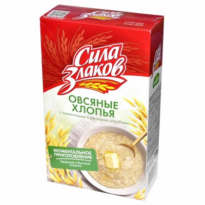 Хлопья овсяные Кунцево Сила Злаков с отрубями не треб варки 400гр к/у