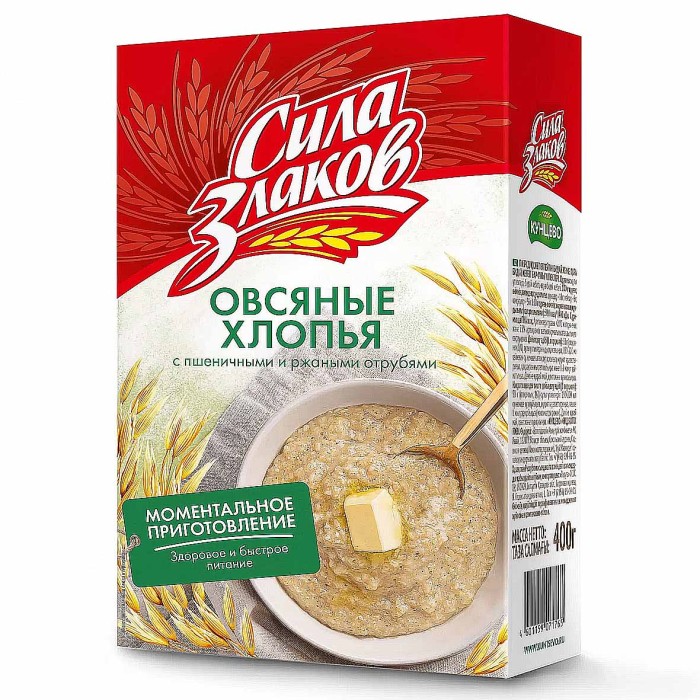 Хлопья овсяные Кунцево Сила Злаков с отрубями не треб варки 400гр к/у