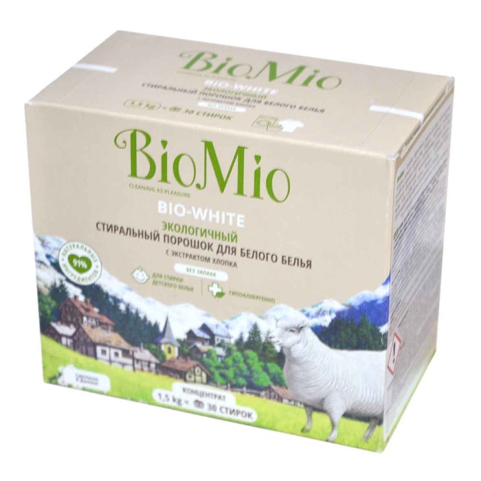 Порошок для стирки BioMio белого белья с экстрактом хлопка 1,5кг к/у