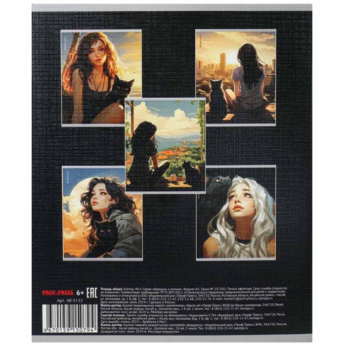 Тетрадь Prof-Press Девушка и Котики A5 48л клет арт48-5133