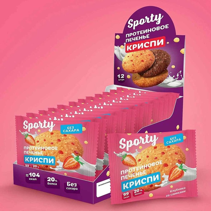 Печенье протеиновое Sporty Криспи клубника со сливками 30гр м/у