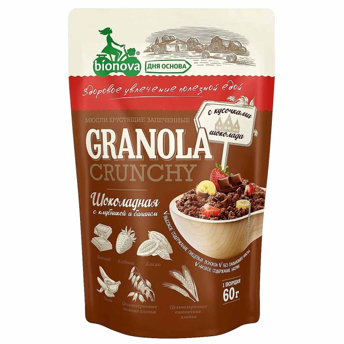 Мюсли Granola Crunchy Шоколадные с клубникой и бананом 60гр м/у