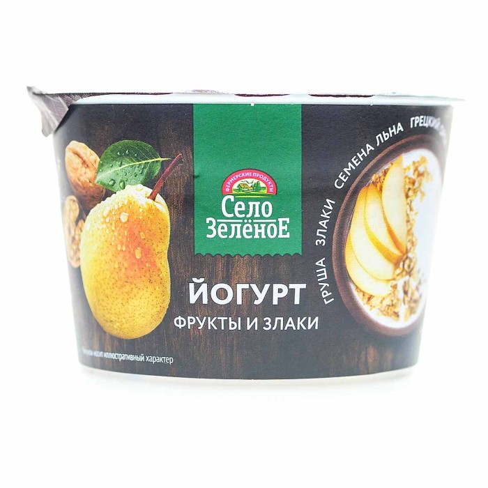Йогурт Село Зеленое груша-злаки-семена льна- грецкий орех 3,2% 180гр пэт