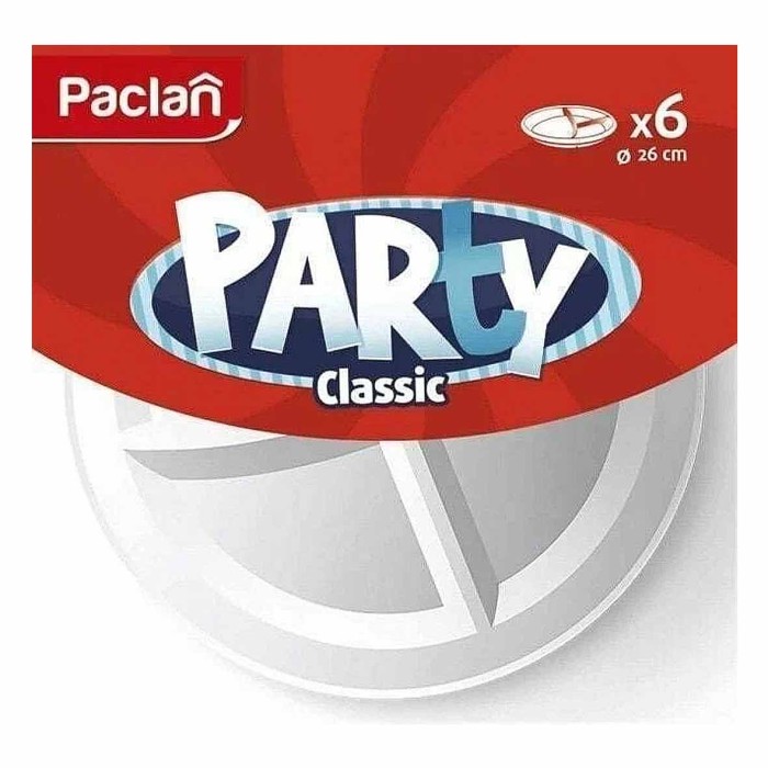 Тарелка Paclan Party пластик белая 3-х секционная 260мм 6шт м/у
