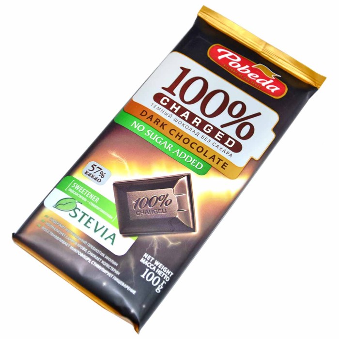 Шоколад Победа Charged Stevia темный без сахара 100% 100гр м/у