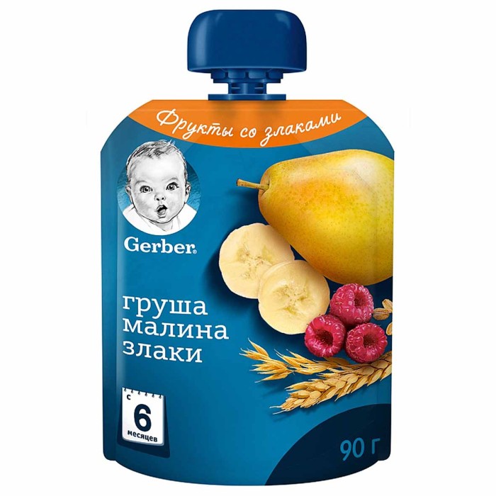 Пюре Gerber груша-малина-злаки с 6мес 90гр пауч