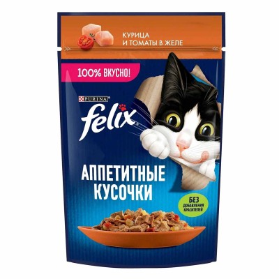 Корм для кошек Felix Аппетитные кусочки курица с томатами в желе 75гр пауч