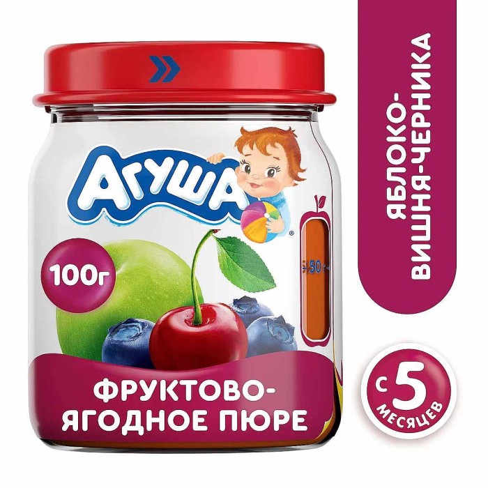 Пюре Агуша яблоко-вишня-черника с 5мес 100гр ст/б