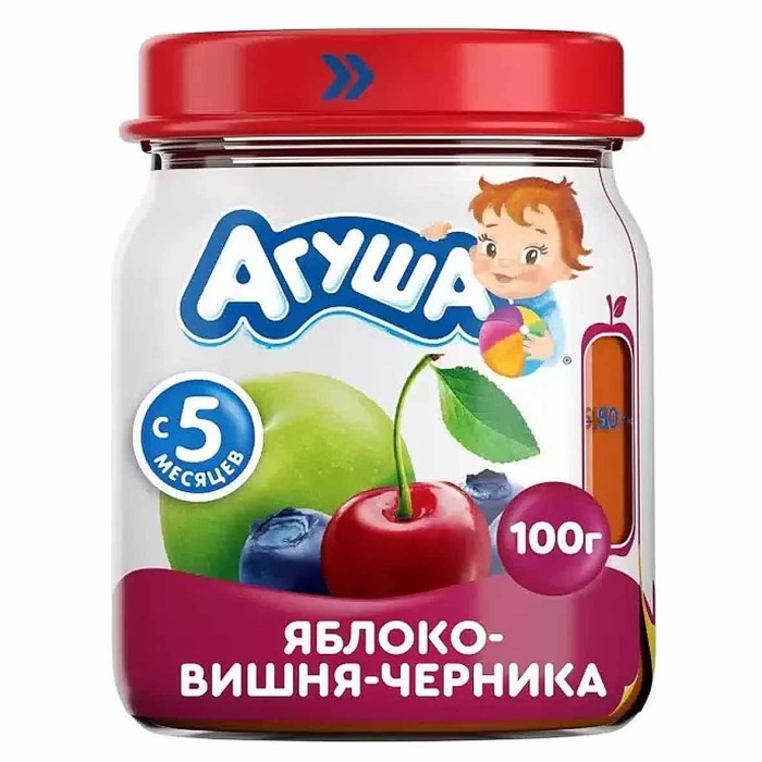 Пюре Агуша яблоко-вишня-черника с 5мес 100гр ст/б