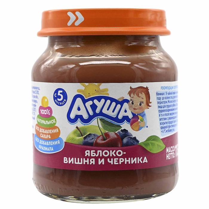 Пюре Агуша яблоко-вишня-черника с 5мес 100гр ст/б