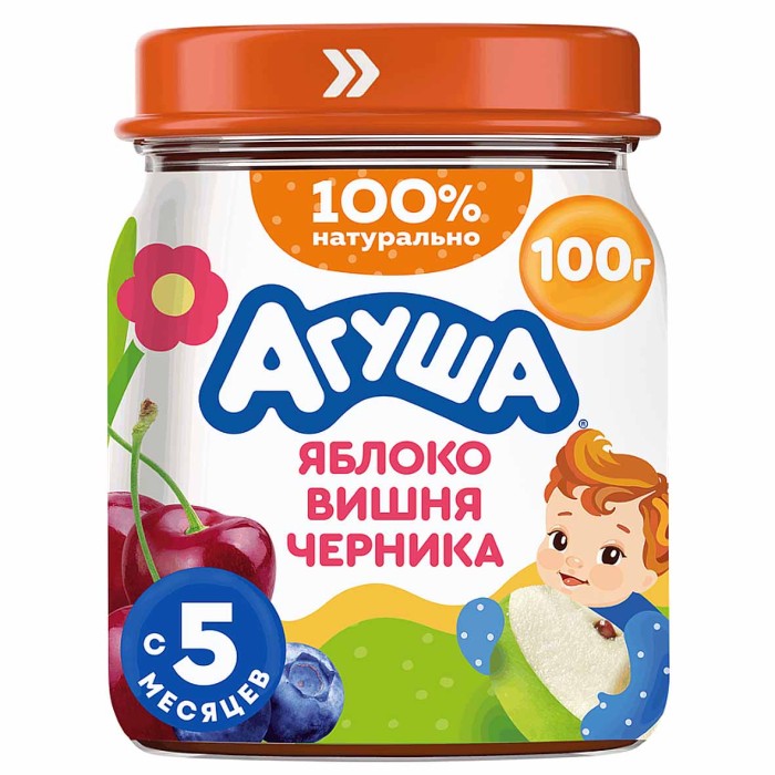 Пюре Агуша яблоко-вишня-черника с 5мес 100гр ст/б