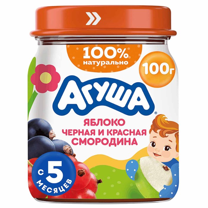 Пюре Агуша яблоко-черная и красная смородина с 5мес 100гр ст/б