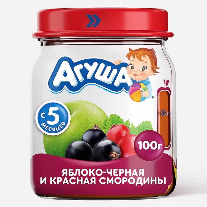 Пюре Агуша яблоко-черная и красная смородина с 5мес 100гр ст/б