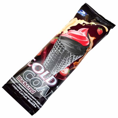 Мороженое Челны холод Cold Coal Black&amp;Red со вкусом карамели и клубники черный рожок с глазурью 80гр