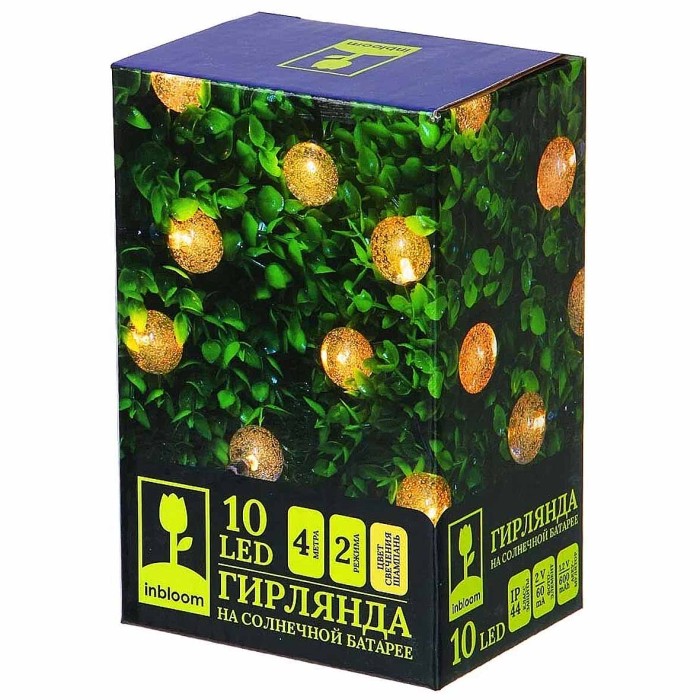 Украшение новогоднее Гирлянда Inbloom шампань на солн батарее 10LED 4м арт185-063