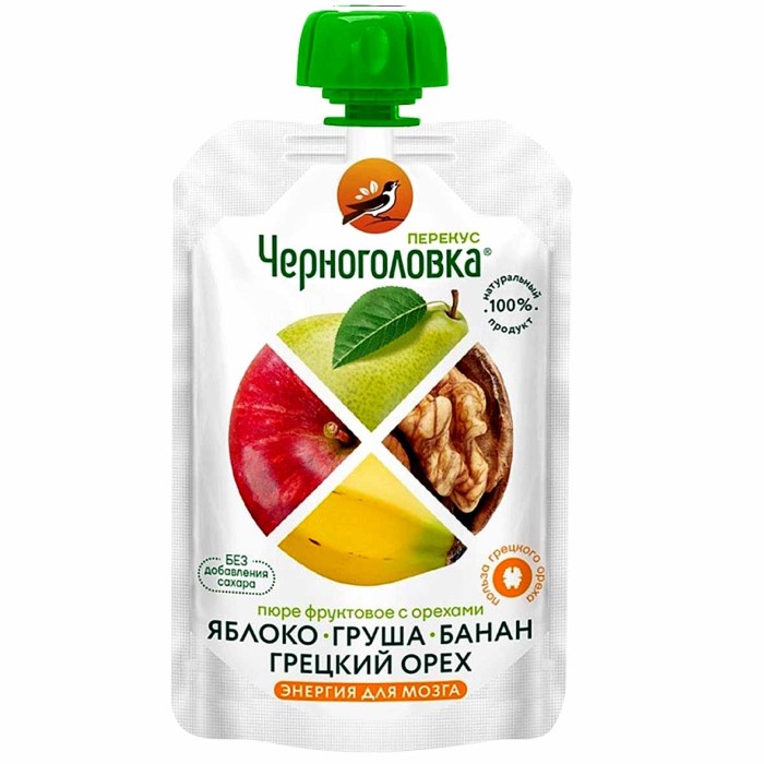 Пюре Черноголовка яблоко-груша-банан-грецкий орех с 3-х лет 85гр пауч