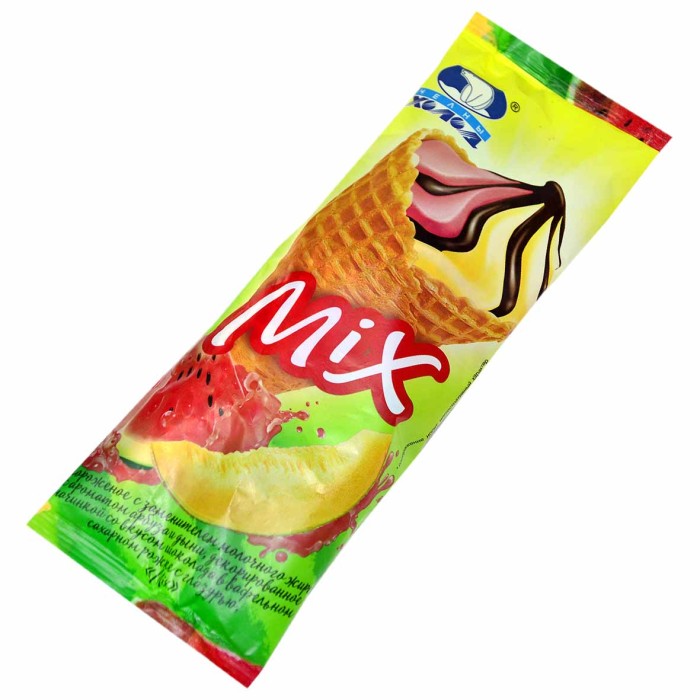Мороженое Челны холод Mix со вкусом арбуза и дыни рожок с шоколадной глазурью 90гр м/у