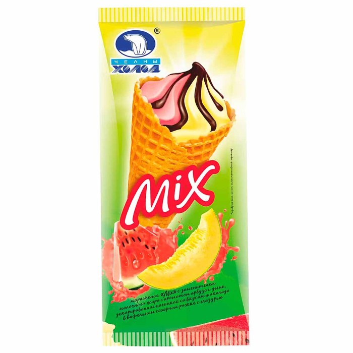 Мороженое Челны холод Mix со вкусом арбуза и дыни рожок с шоколадной глазурью 90гр м/у