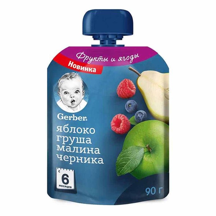 Пюре Gerber яблоко-груша-малина-черника с 6мес 90гр пауч