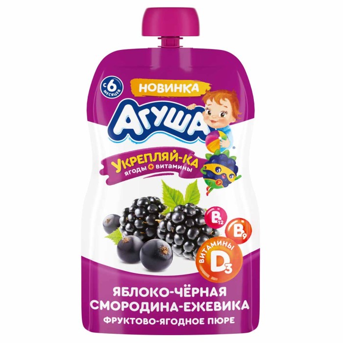 Пюре Агуша яблоко-чернач смородина-ежевика с 6мес 80гр пауч