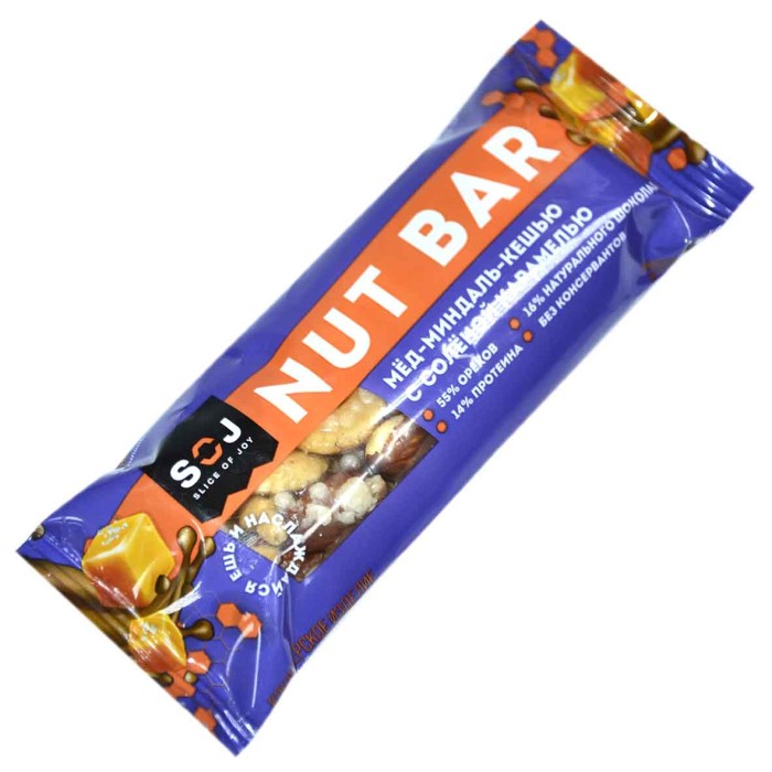 Батончик SOJ Nut Bar мед,миндаль,кешью с соленой карамелью 40гр м/у