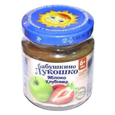 Пюре Бабушкино Лукошко яблоко,клубника с 6мес 100гр ст/б
